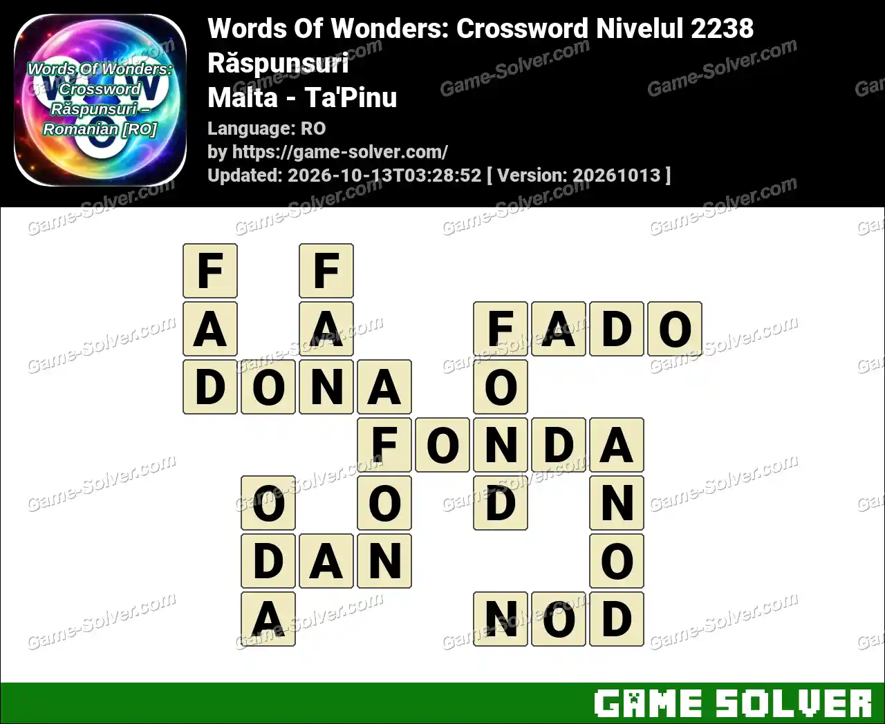 Words Of Wonders: Crossword Nivelul 2238 Răspunsuri – Malta – Ta’Pinu